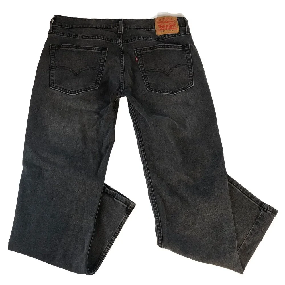 Levi's 514 Straight Fit Jeans Mens Washed Black Denim Pants 36x30